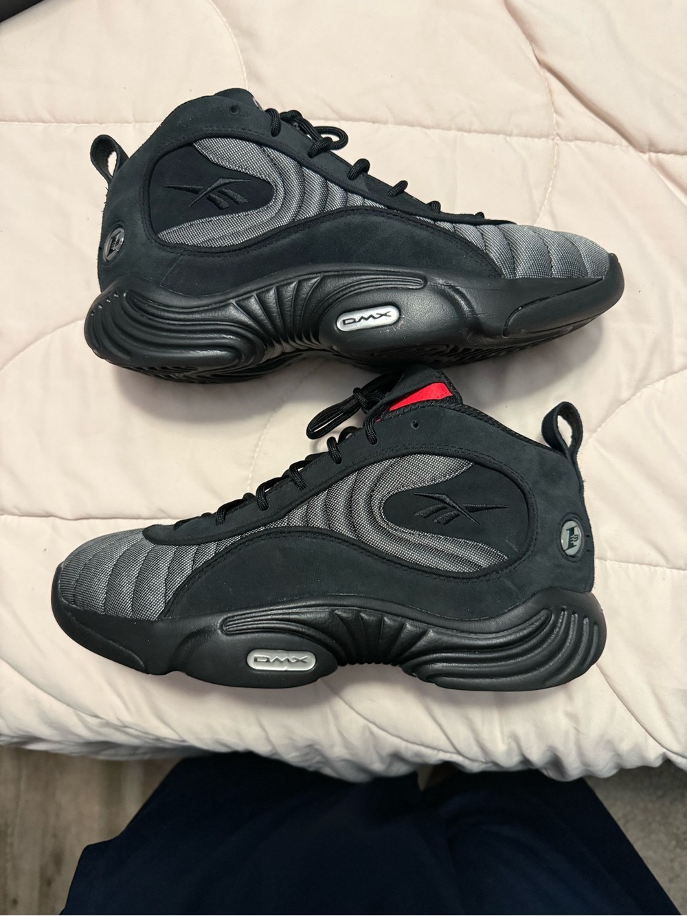 Reebok Men’s Black and Gray DMX Basketball Sneakers with Red Tongue Accent